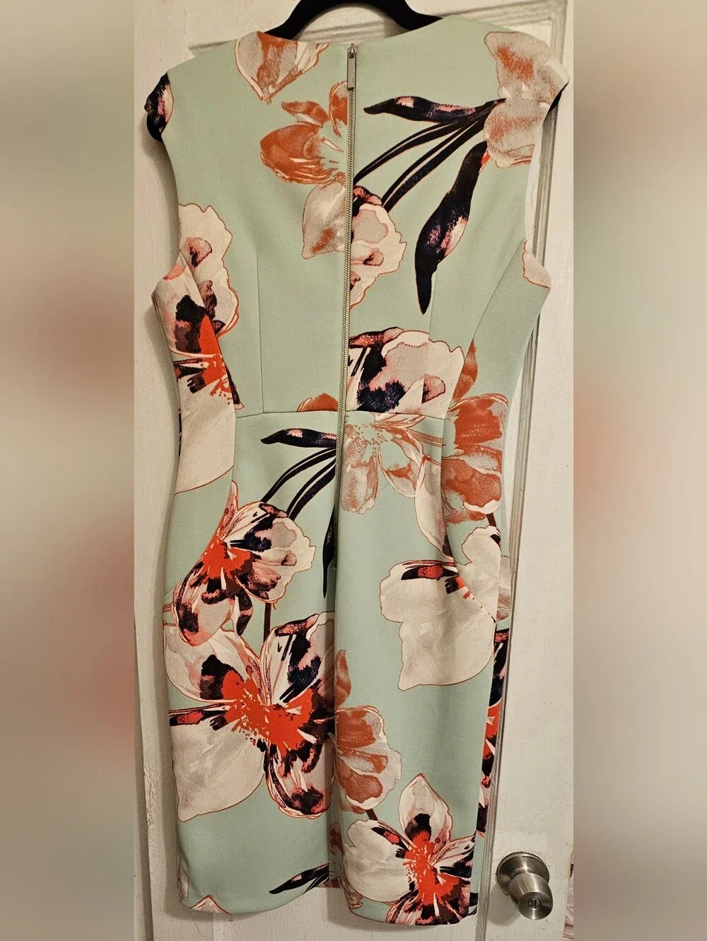Calvin Klein Mint Green Floral Midi Sheath Dress with Coral Accents